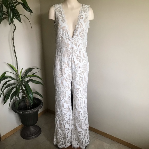Lulus Pants - Lulus Lace Jumpsuit Romper Deep V White Tan Size Large